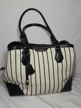 Nine West Black & Cream Striped Tote Satchel